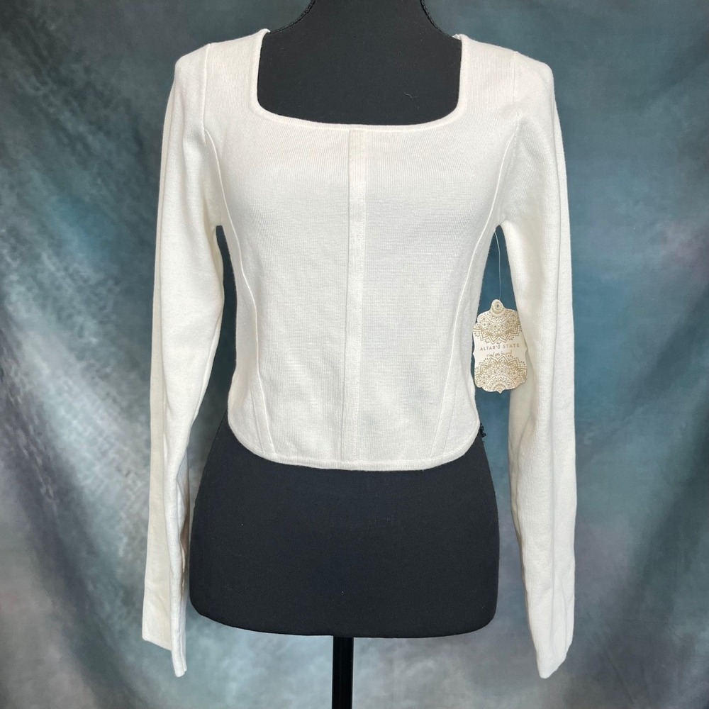 Altar State Womens White Square Neck Long Sleeve‎ Cropped Knit Sweater Top M